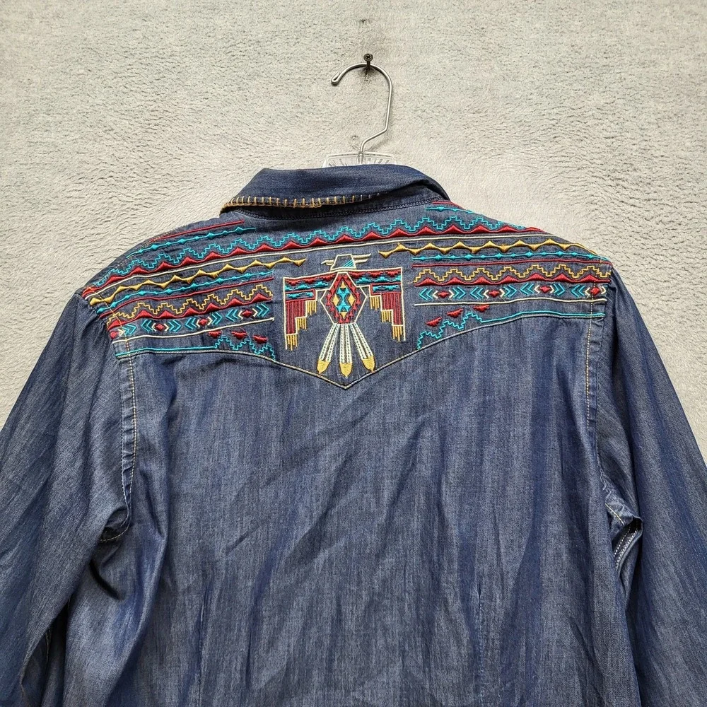 Panhandle‎ Rough Stock Women Button Up Shirt M Blue Denim Pearl Western Yoke